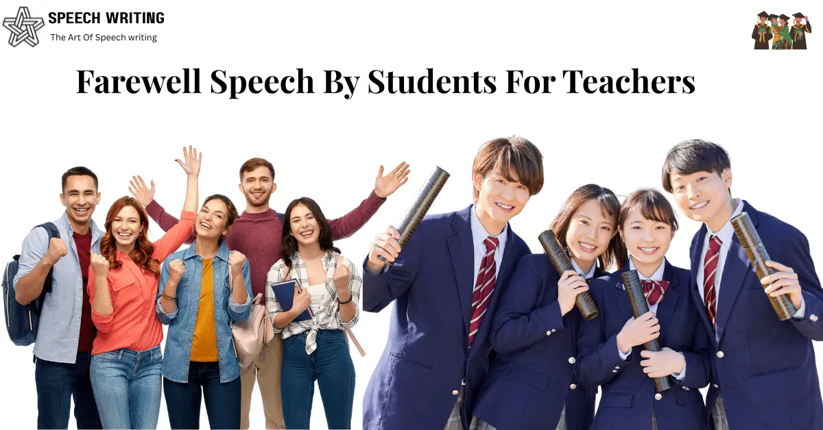 Students delivering a farewell speech for teacher during school farewell ceremony expressing gratitude and respect